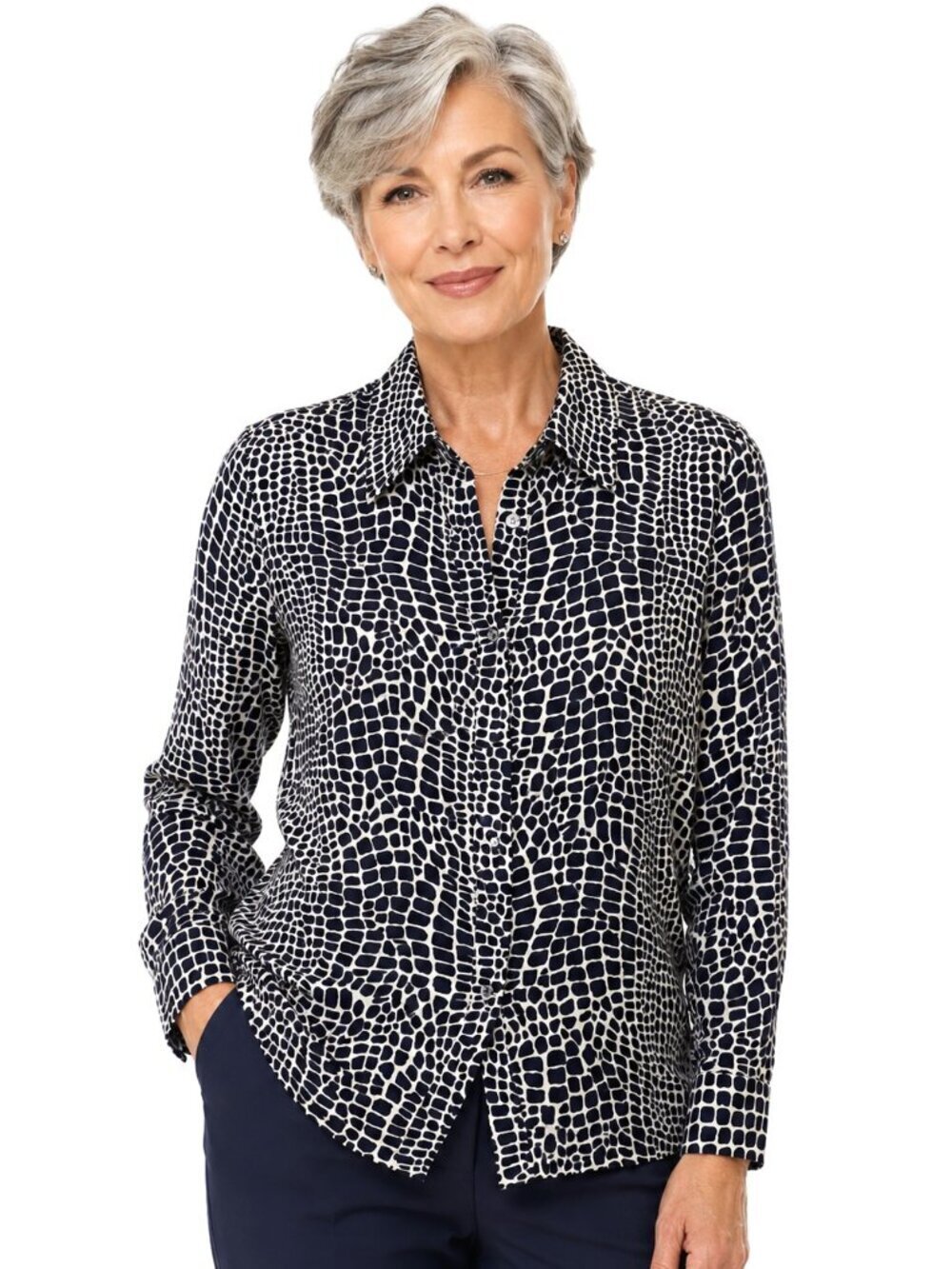 Rafaella Black Cream Animal Print Silk Long Sleeve Blouse